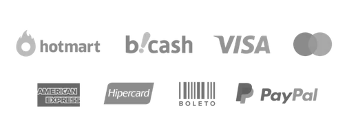 Formas de pagamento: Hotmart, b!cash, Visa, Mastercard, American Express, Hipercard, boleto e PayPal